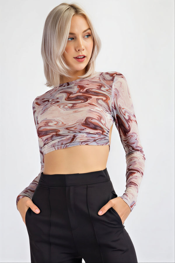 Marble Mesh Print Crop Top with Open Back
