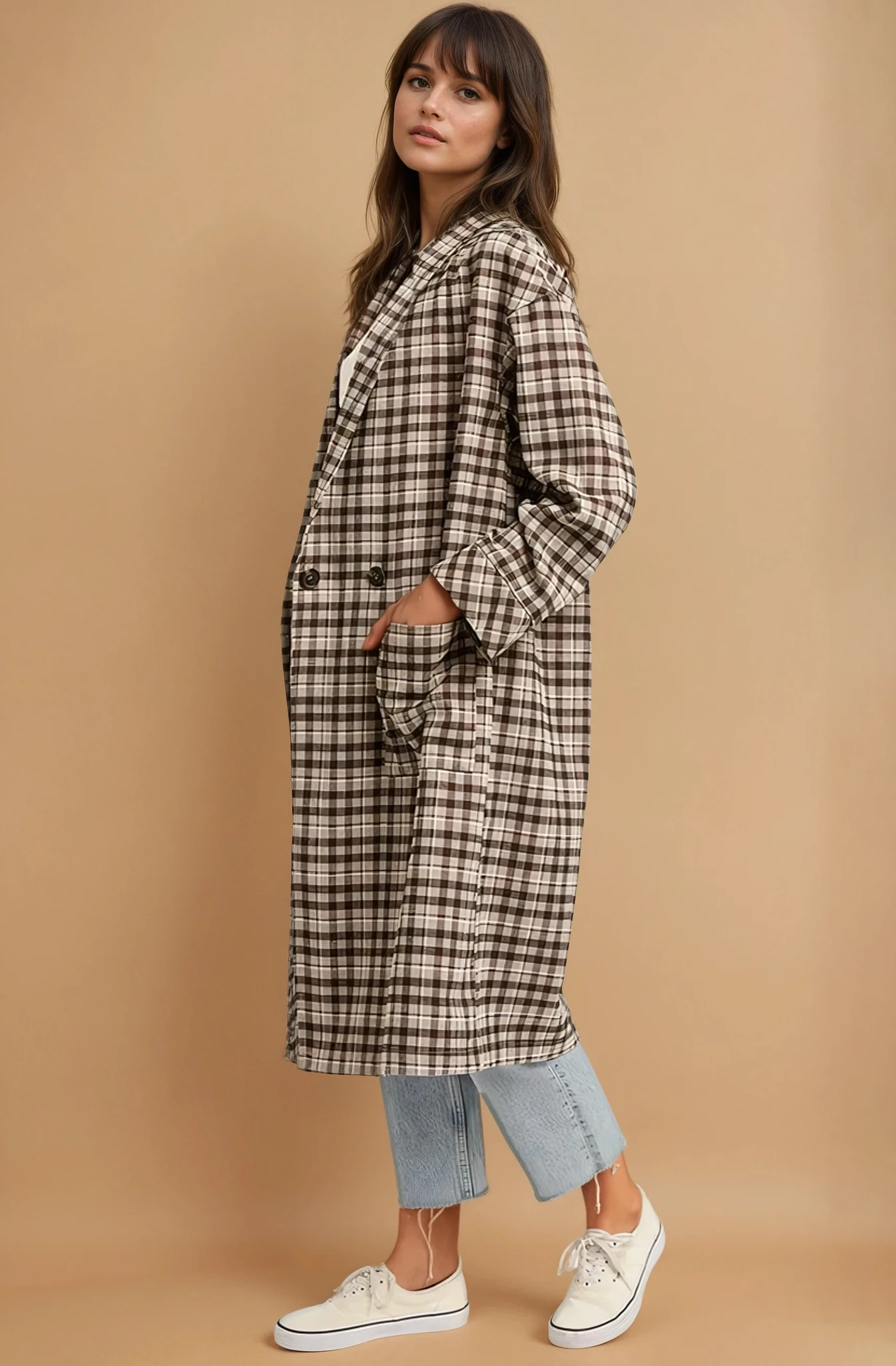 Mocha Oversized Plaid Light Weight Long Coat