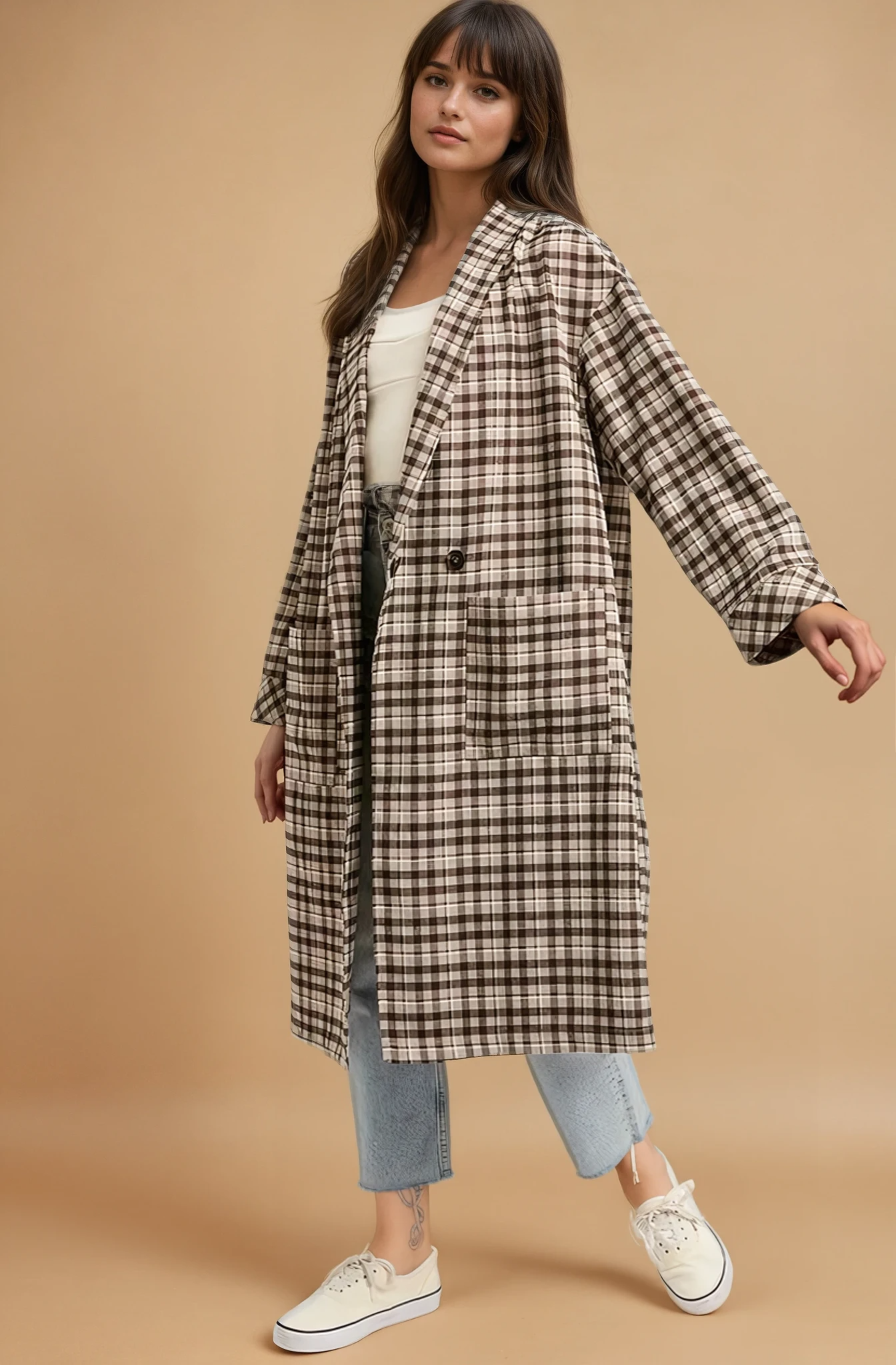 Mocha Oversized Plaid Light Weight Long Coat