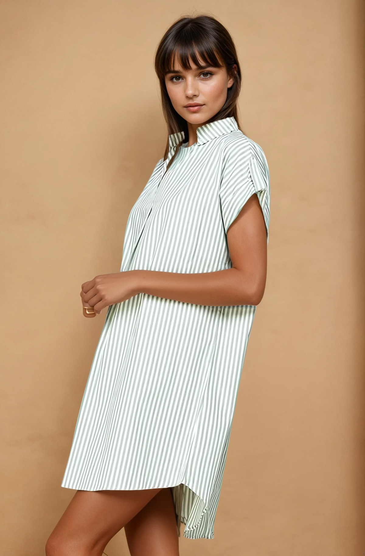 Stripe Print Curved Hem Short Dress- Sage