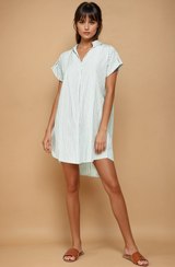 Stripe Print Curved Hem Short Dress- Sage