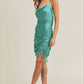 Teal Green Satin Side Drawstring Dress