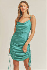 Teal Green Satin Side Drawstring Dress