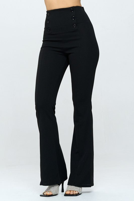 Black Scuba Crepe Flare Pants with 6 Buttons