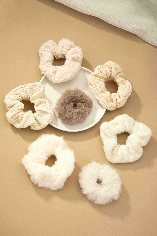 Cream Set of 7 furry scrunchies - NIXII Clothing