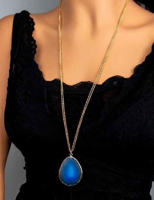 DOUBLE CHAIN LARGE AGATE STONE PENDANT NECKLACE - NIXII Clothing