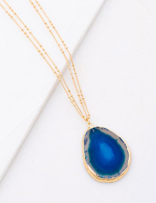 DOUBLE CHAIN LARGE AGATE STONE PENDANT NECKLACE - NIXII Clothing