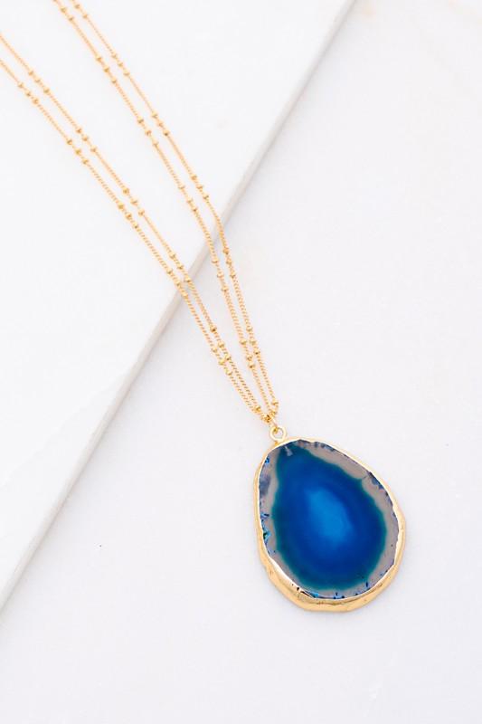 DOUBLE CHAIN LARGE AGATE STONE PENDANT NECKLACE
