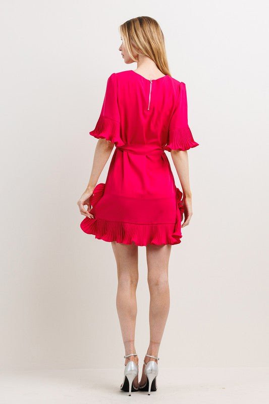 Fuschia Pleats Detail Mini Dress - NIXII Clothing