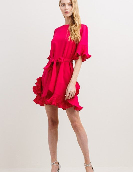 Fuschia Pleats Detail Mini Dress - NIXII Clothing