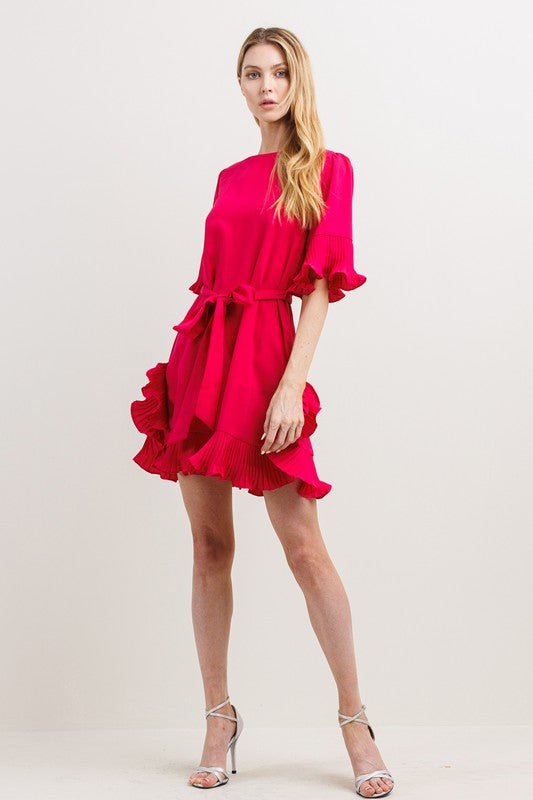 Fuschia Pleats Detail Mini Dress - NIXII Clothing