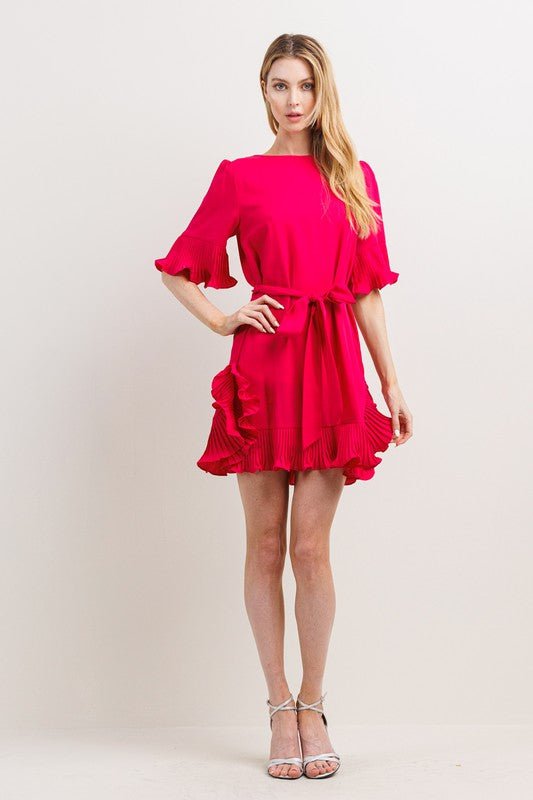 Fuschia Pleats Detail Mini Dress - NIXII Clothing