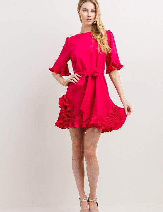 Fuschia Pleats Detail Mini Dress - NIXII Clothing