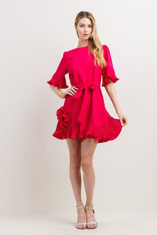 Fuschia Pleats Detail Mini Dress - NIXII Clothing