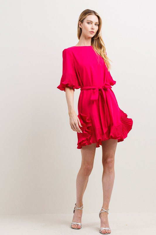 Fuschia Pleats Detail Mini Dress - NIXII Clothing