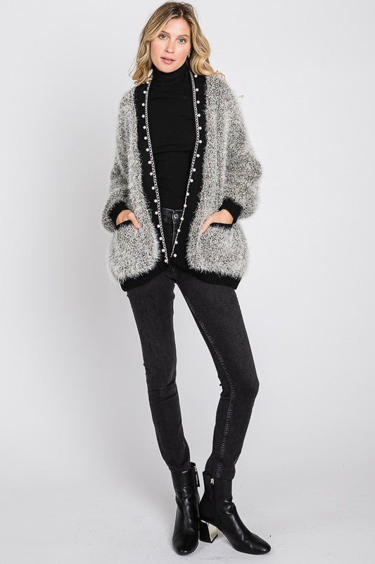 Grey Puff Sleeve Pearl Cardigan - NIXII Clothing