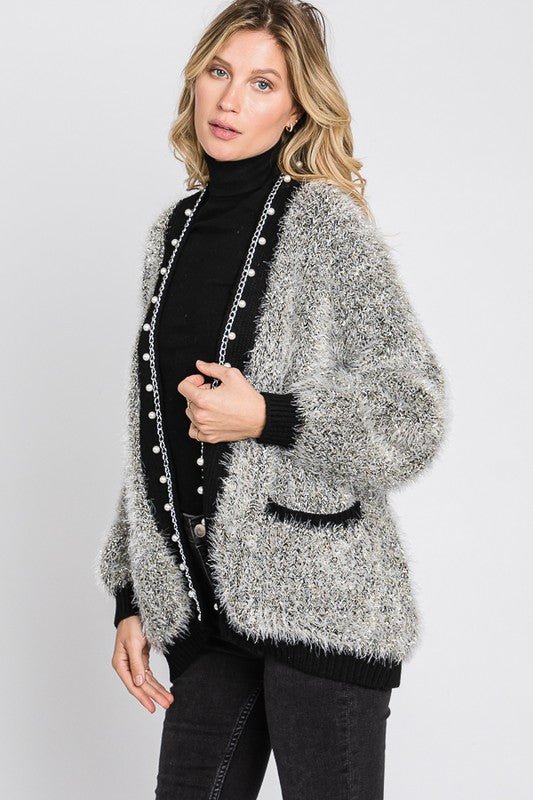 Grey Puff Sleeve Pearl Cardigan - NIXII Clothing