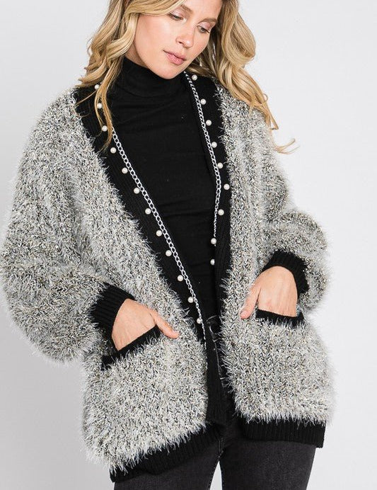 Grey Puff Sleeve Pearl Cardigan - NIXII Clothing