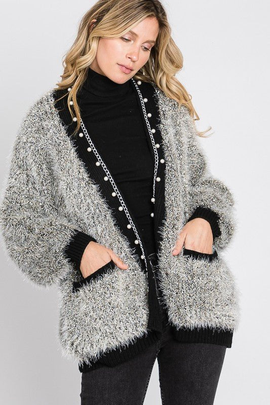 Grey Puff Sleeve Pearl Cardigan - NIXII Clothing
