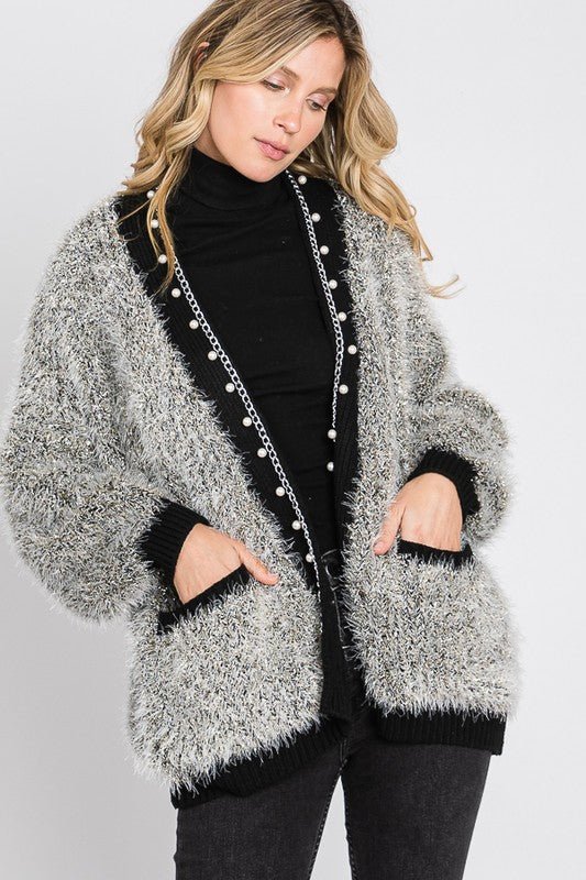 Grey Puff Sleeve Pearl Cardigan - NIXII Clothing