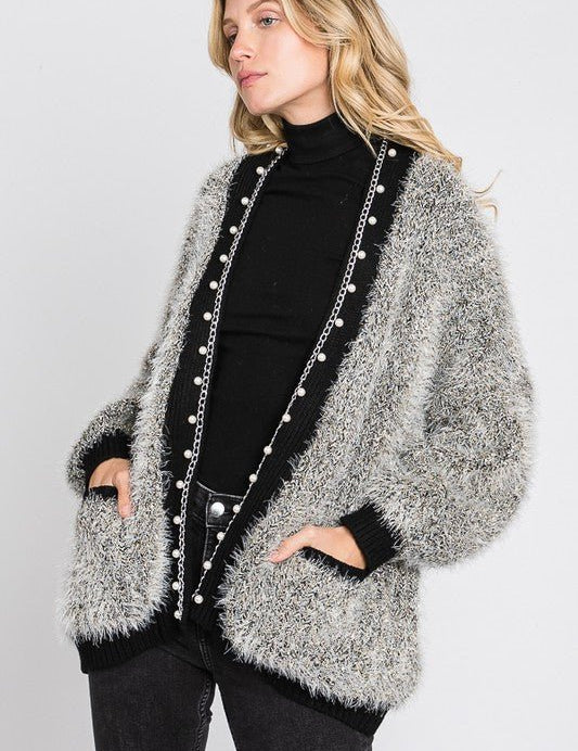Grey Puff Sleeve Pearl Cardigan - NIXII Clothing