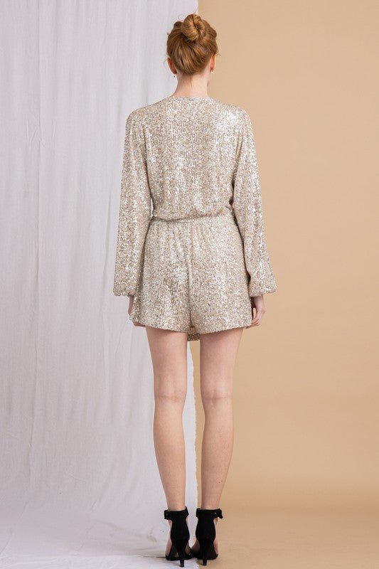 LONG SLEEVE FRONT WRAP SEQUIN ROMPER WITH TIE - NIXII Clothing