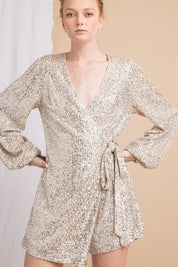 LONG SLEEVE FRONT WRAP SEQUIN ROMPER WITH TIE - NIXII Clothing