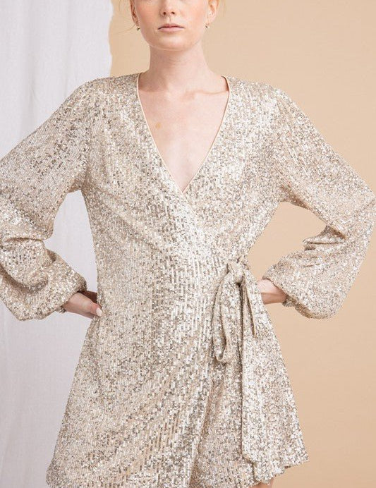 LONG SLEEVE FRONT WRAP SEQUIN ROMPER WITH TIE - NIXII Clothing