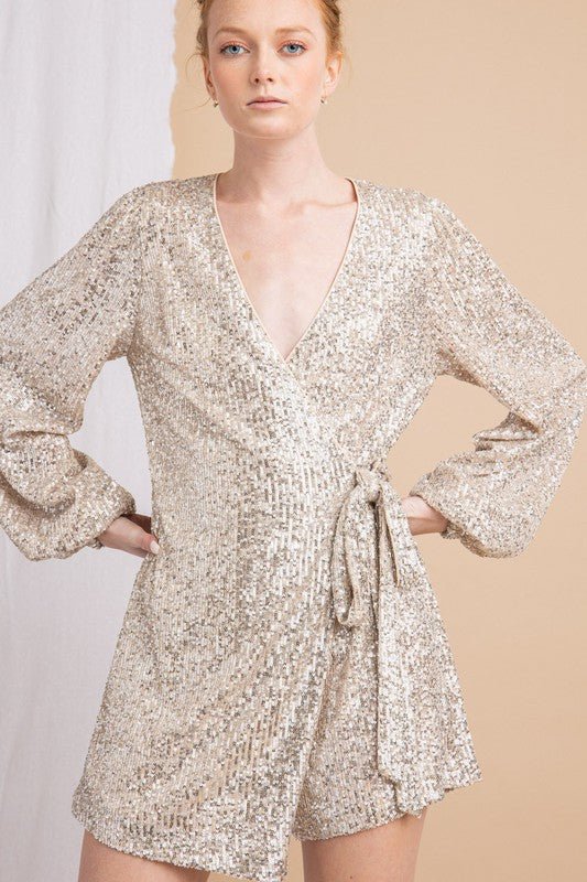 LONG SLEEVE FRONT WRAP SEQUIN ROMPER WITH TIE - NIXII Clothing