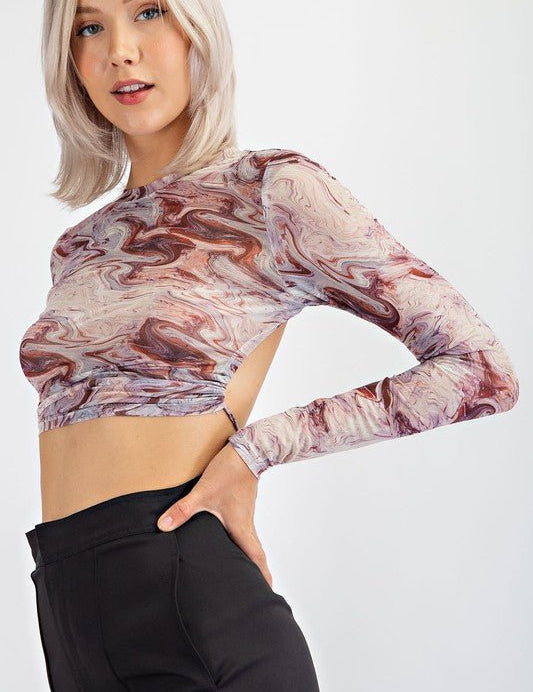 Marble Mesh Print Crop Top with Open Back - NIXII Clothing