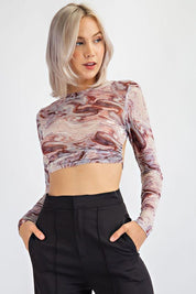 Marble Mesh Print Crop Top with Open Back - NIXII Clothing