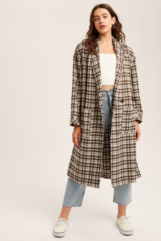 Mocha Oversized Plaid Light Weight Long Coat - NIXII Clothing