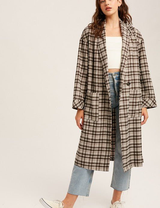 Mocha Oversized Plaid Light Weight Long Coat - NIXII Clothing