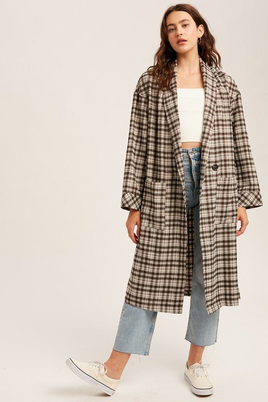 Mocha Oversized Plaid Light Weight Long Coat - NIXII Clothing