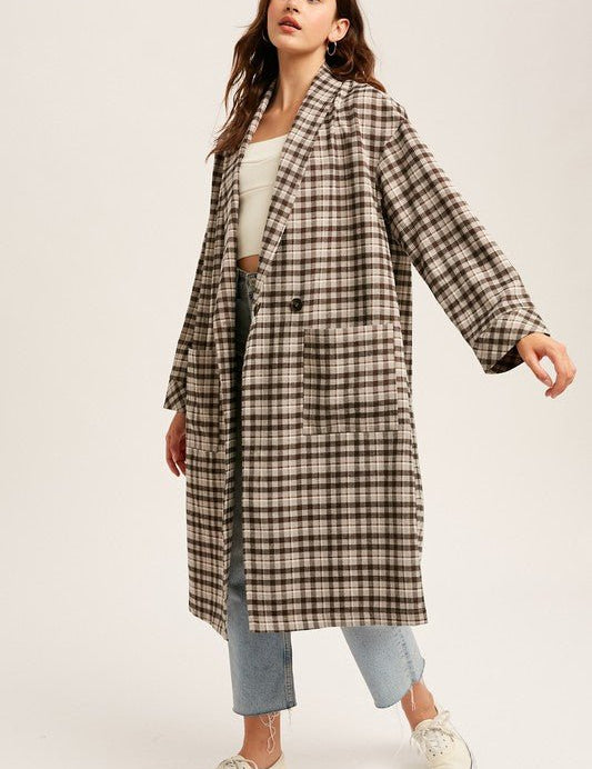 Mocha Oversized Plaid Light Weight Long Coat - NIXII Clothing