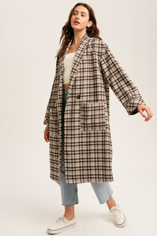 Mocha Oversized Plaid Light Weight Long Coat - NIXII Clothing