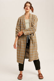 Mustard Oversized Plaid Light Weight Long Coat - NIXII Clothing