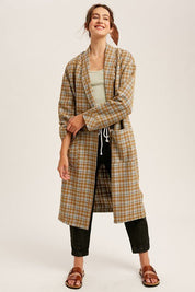 Mustard Oversized Plaid Light Weight Long Coat - NIXII Clothing