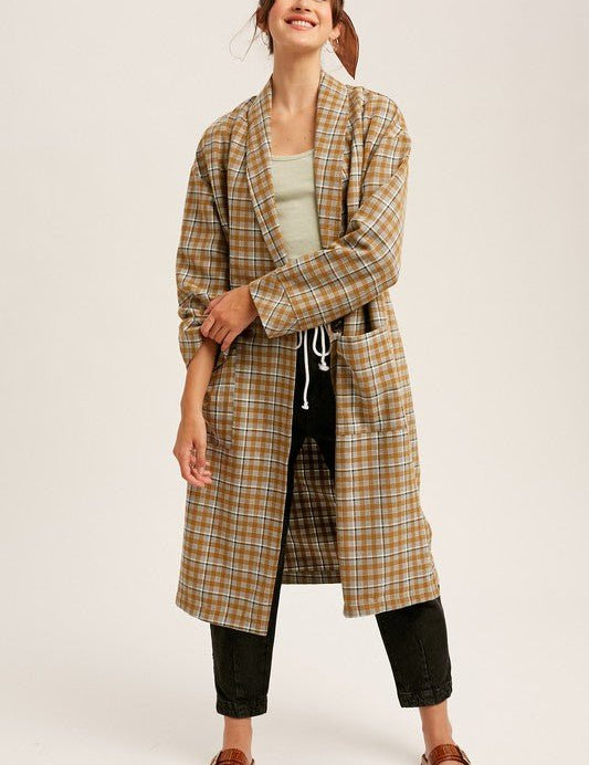 Mustard Oversized Plaid Light Weight Long Coat - NIXII Clothing