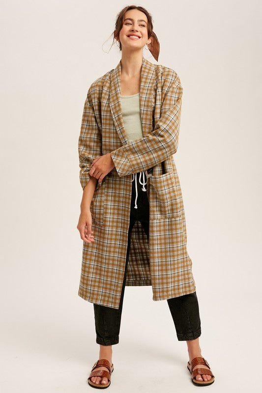 Mustard Oversized Plaid Light Weight Long Coat - NIXII Clothing