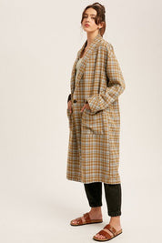 Mustard Oversized Plaid Light Weight Long Coat - NIXII Clothing