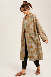 Mustard Oversized Plaid Light Weight Long Coat - NIXII Clothing