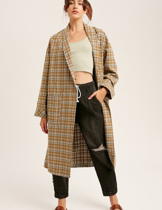 Mustard Oversized Plaid Light Weight Long Coat - NIXII Clothing
