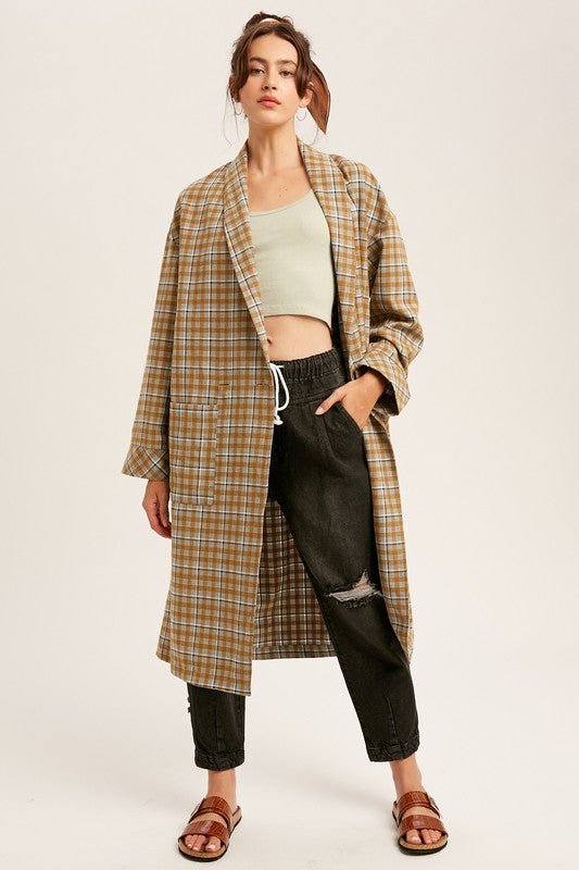 Mustard Oversized Plaid Light Weight Long Coat - NIXII Clothing