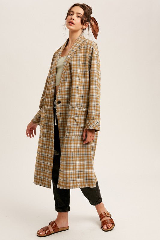 Mustard Oversized Plaid Light Weight Long Coat - NIXII Clothing