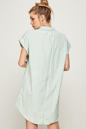 Stripe Print Curved Hem Short Dress- Sage - NIXII Clothing