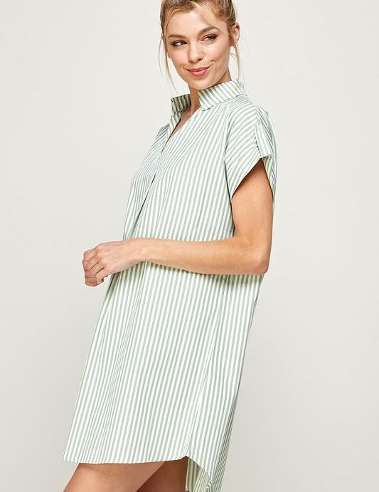 Stripe Print Curved Hem Short Dress- Sage - NIXII Clothing