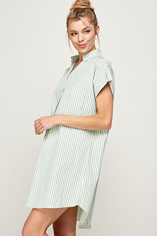 Stripe Print Curved Hem Short Dress- Sage