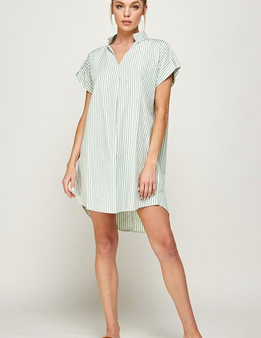 Stripe Print Curved Hem Short Dress- Sage - NIXII Clothing