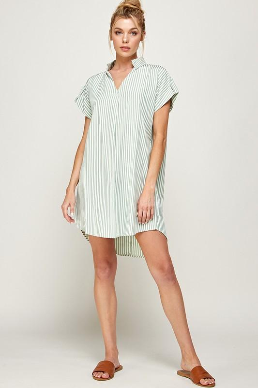 Stripe Print Curved Hem Short Dress- Sage - NIXII Clothing